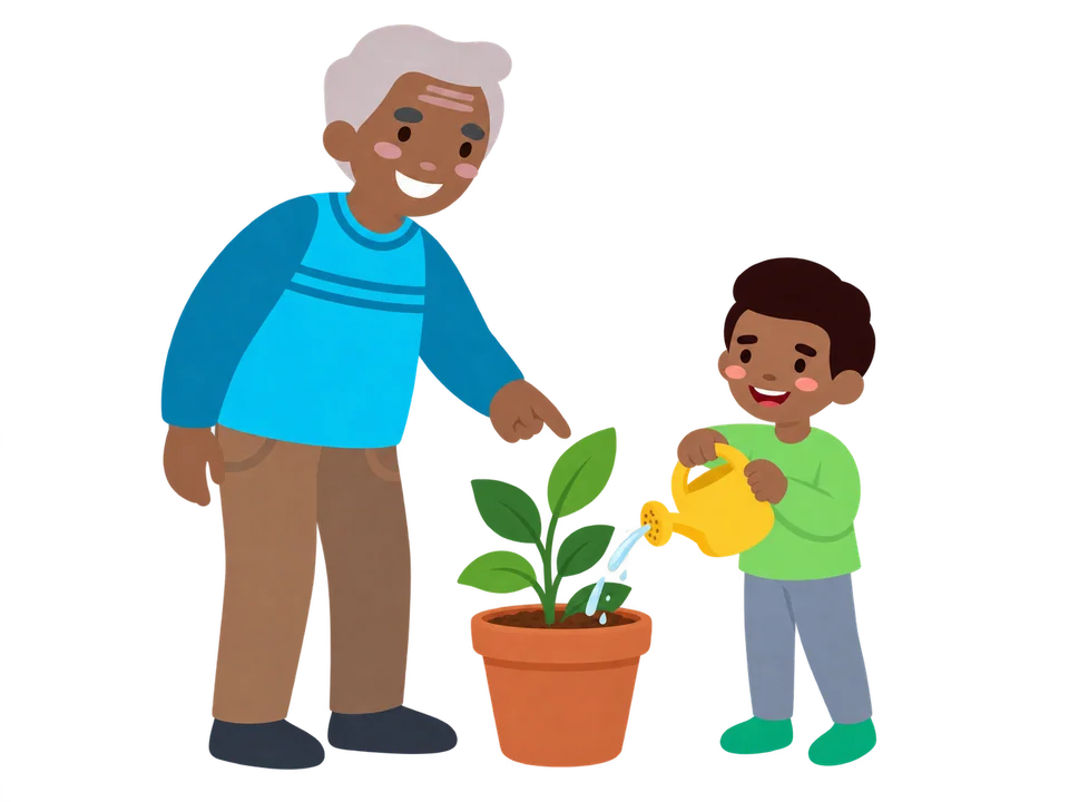 Avô e menino da família ilustrada Monte Verde cuidando juntos de uma pequena planta