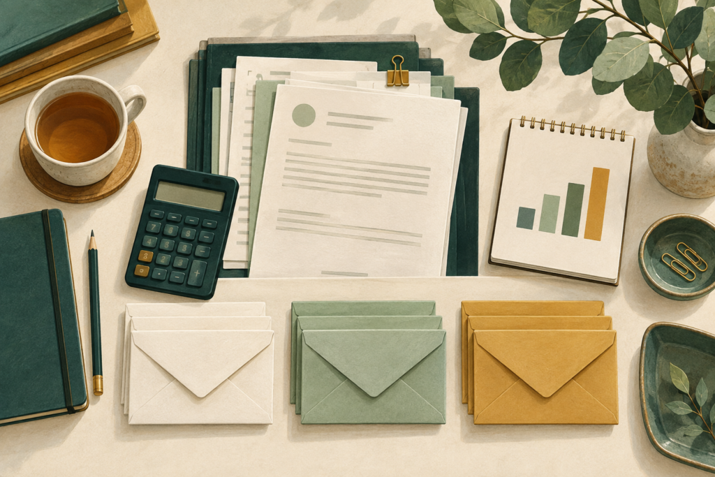 Ilustração de documentos, calculadora e envelopes para organizar as despesas de um funeral.