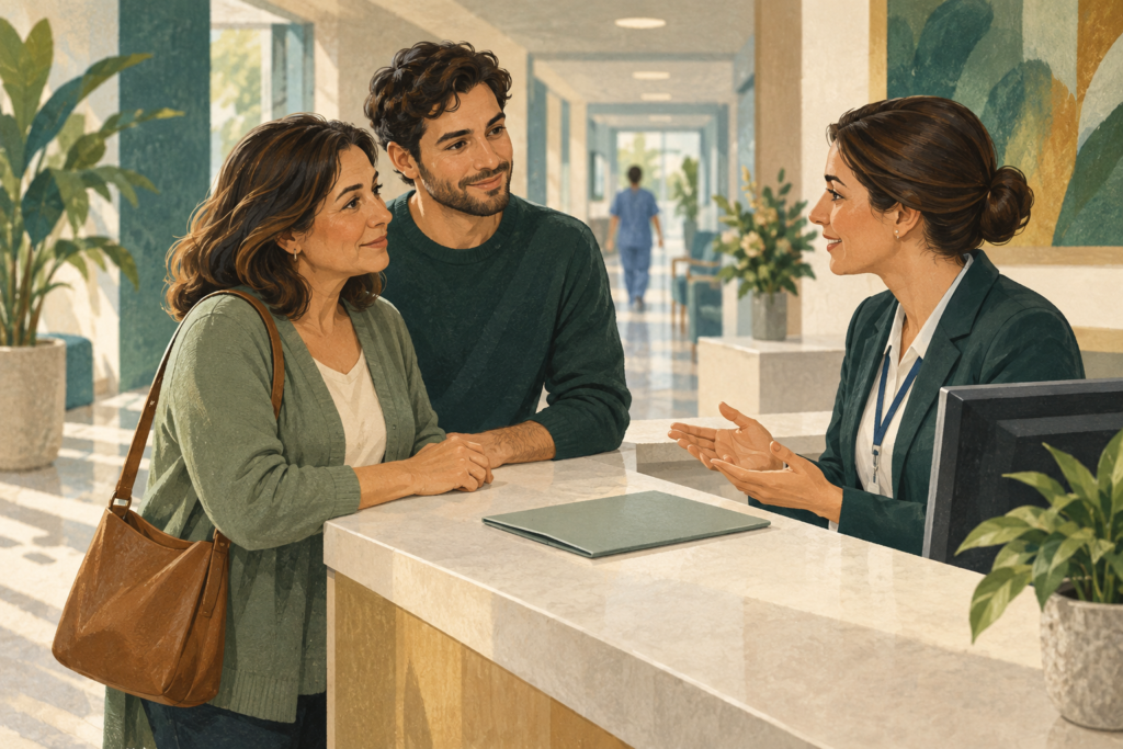 Ilustração de familiares buscando orientação em uma recepção hospitalar.