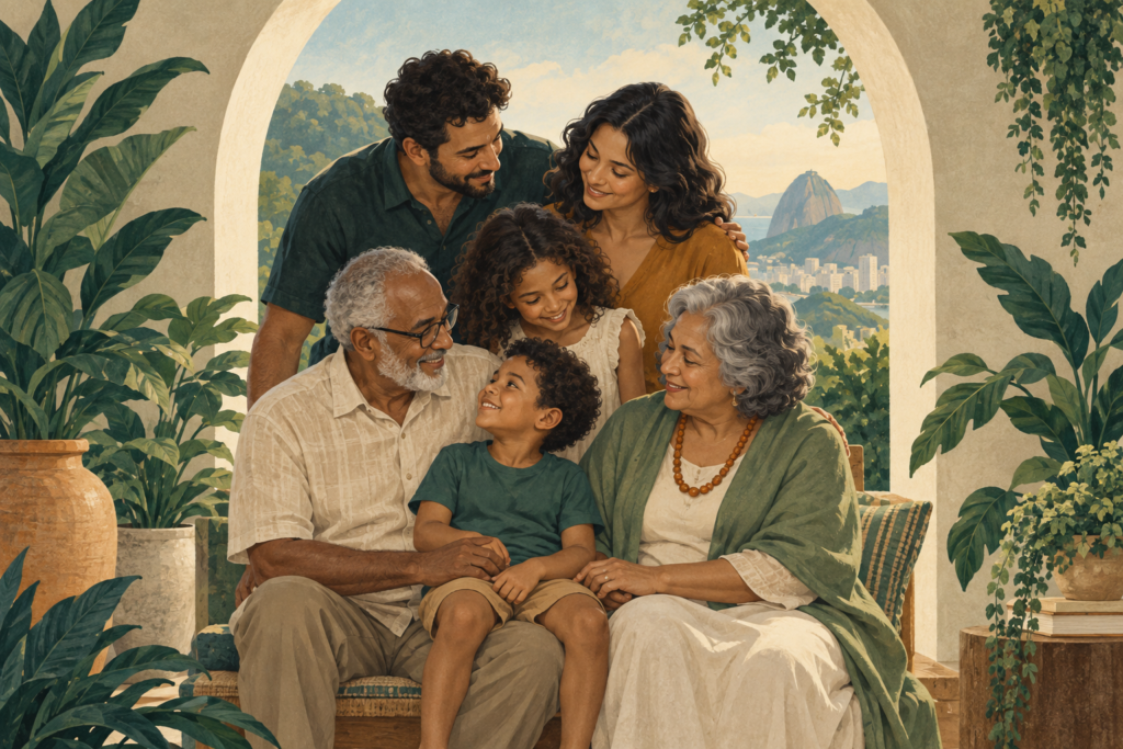 Ilustração de três gerações reunidas, representando cuidado e planejamento familiar.