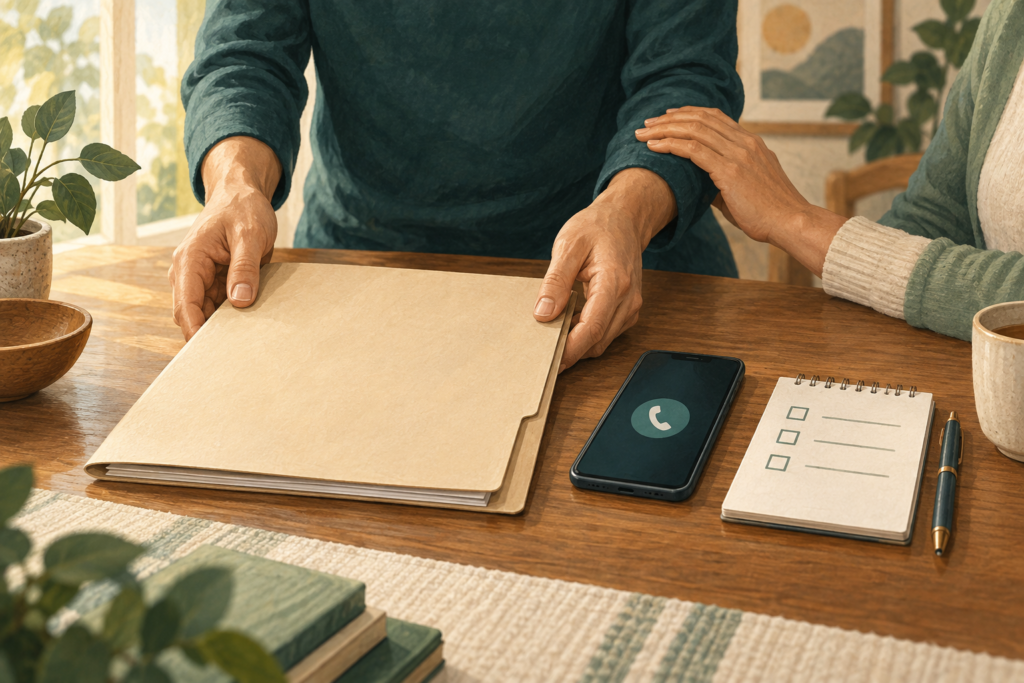 Ilustração de documentos, telefone e lista de primeiros passos para a família.