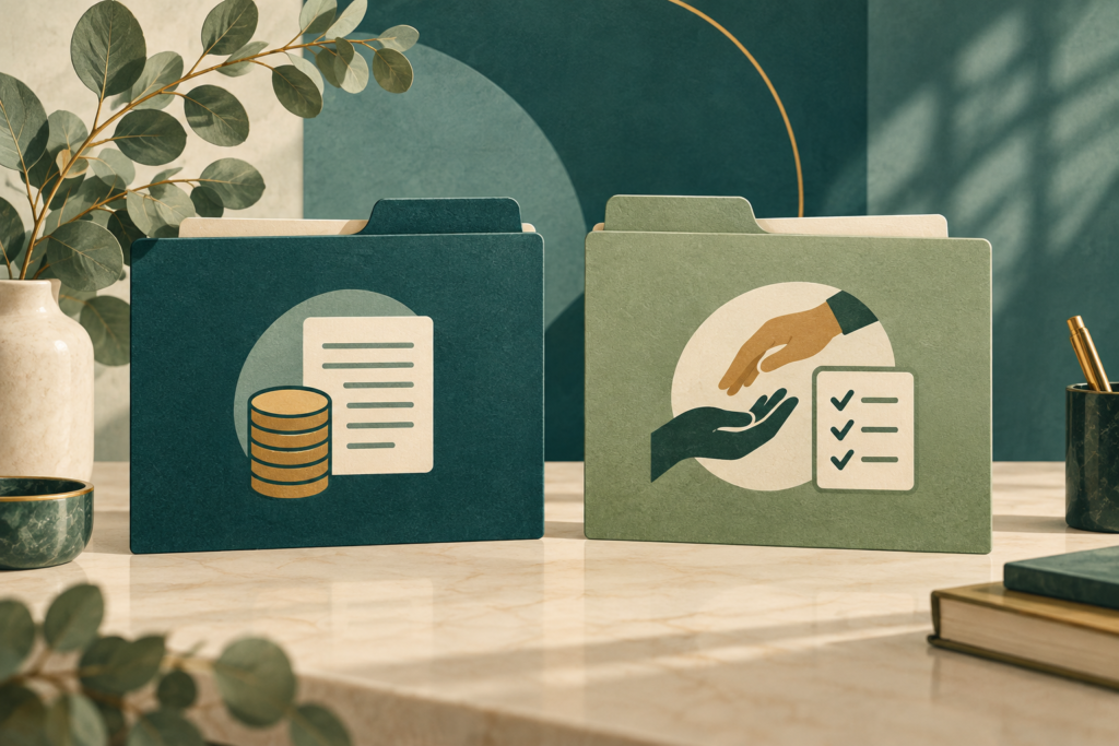 Ilustração de duas pastas comparando proteção financeira e serviços de assistência.